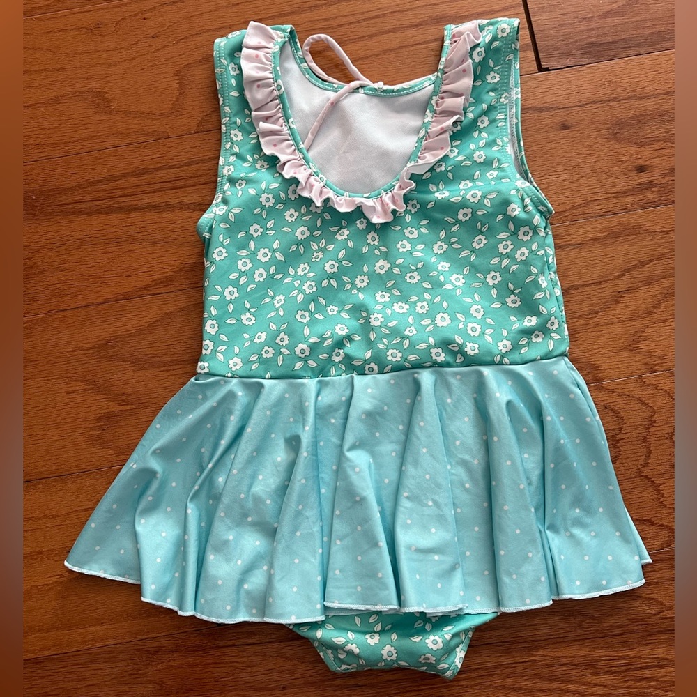 Girls' Aqua Floral Ruffle Skirted Leotard Sz 8